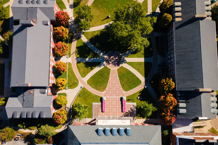 Drone view of building on DePauw campus