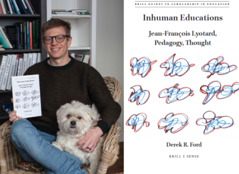 Derek Ford sitting with his dog and book "Inhuman Educations: Jean-François Lyotard, Pedagogy, Thought."