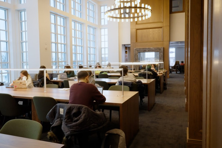 Video still of the Reading Room in Roy O Library