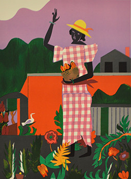 A woman a pink and white checker dress wearing a yellow hat with orange band standing in a garden