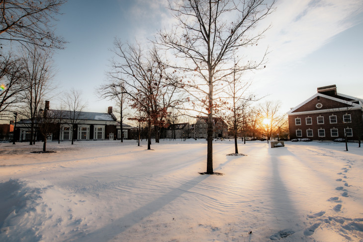 Sun setting on the DePauw campus during winter time