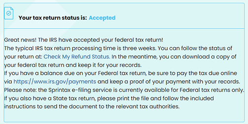 IRS Tax Return Accepted Screenshot