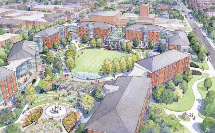 Watercolor aerial of proposed south quad building project