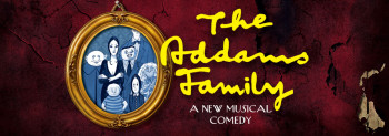 script font and cartoon portrait of addams family