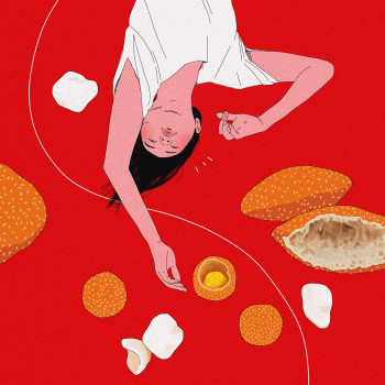 Person in white shirt at the top of image with one  arm hanging down, while the other is bent on a red background with object around 